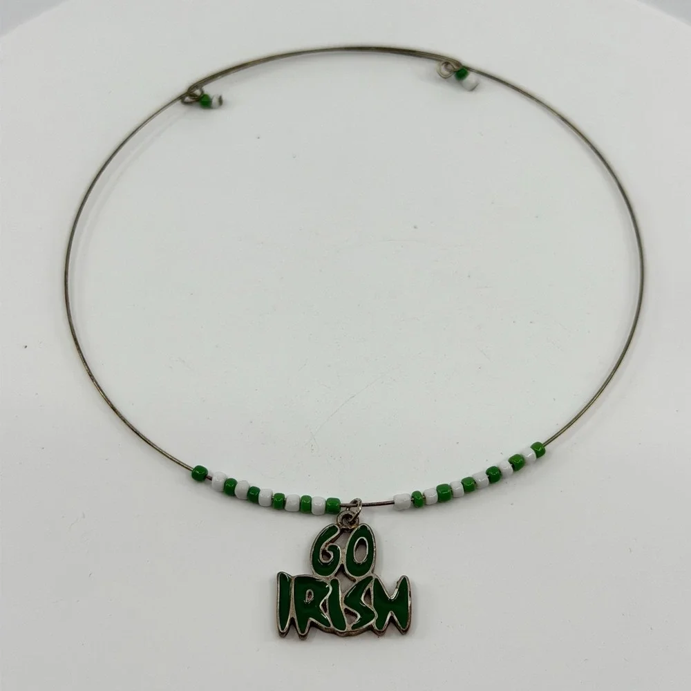 Green White Beaded Go Irish Pendant Wire Choker Necklace St Patrick's Day Gift